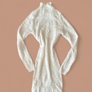 white fuzzy mock neck bodycon dress